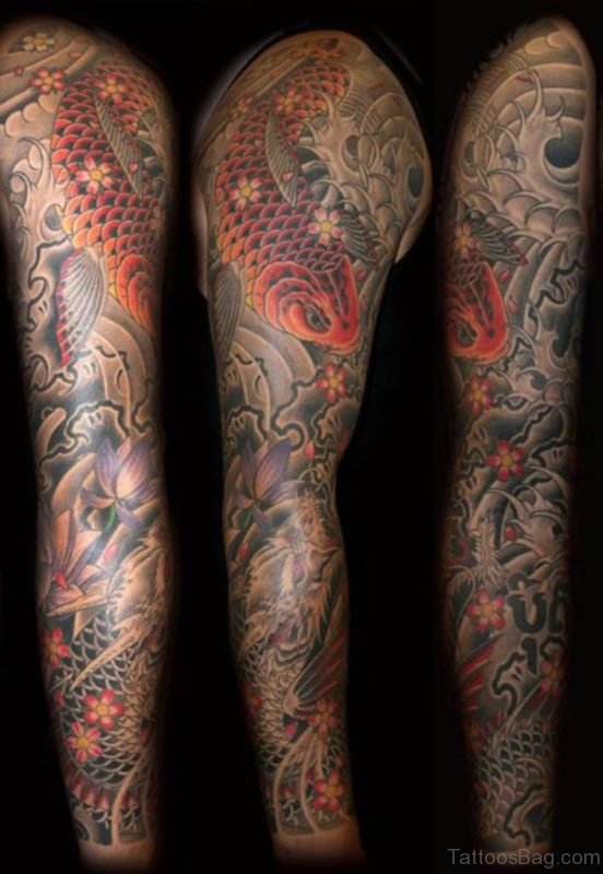 Fish And Dargon Tattoo On Full Sleeve