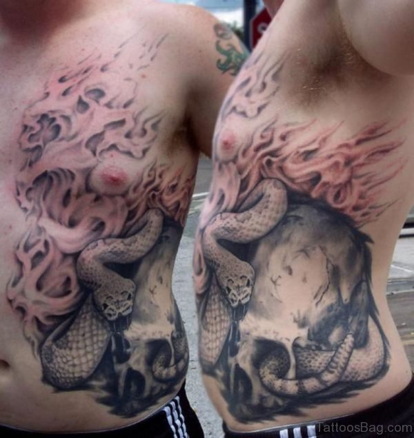 Flames Snake And Skull Rib Side Tattoo