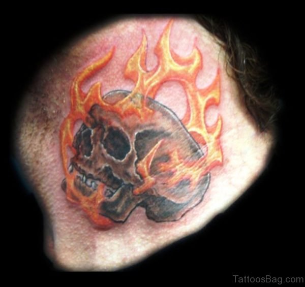 Flaming Skull Neck Tattoo