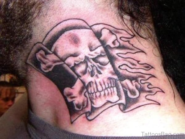 Flaming Skull Tattoo On Neck