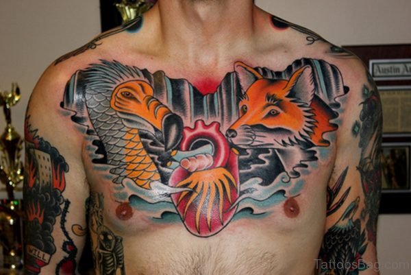 Flamingo and Fox Heads With Human Heart Tattoo On Chest