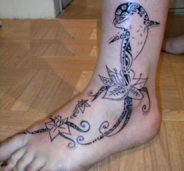 Flower And Dolphin Tattoo On Ankle