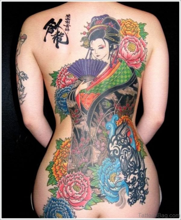 Flower And Geisha Tattoo On Back