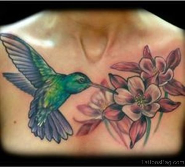 Flower And Hummingbird Tattoo On Chest