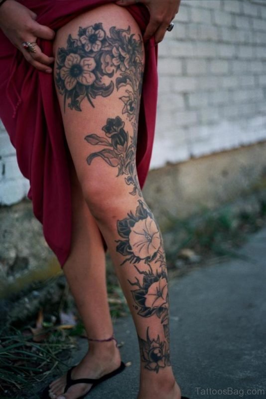 Flower Tattoo On Full Leg