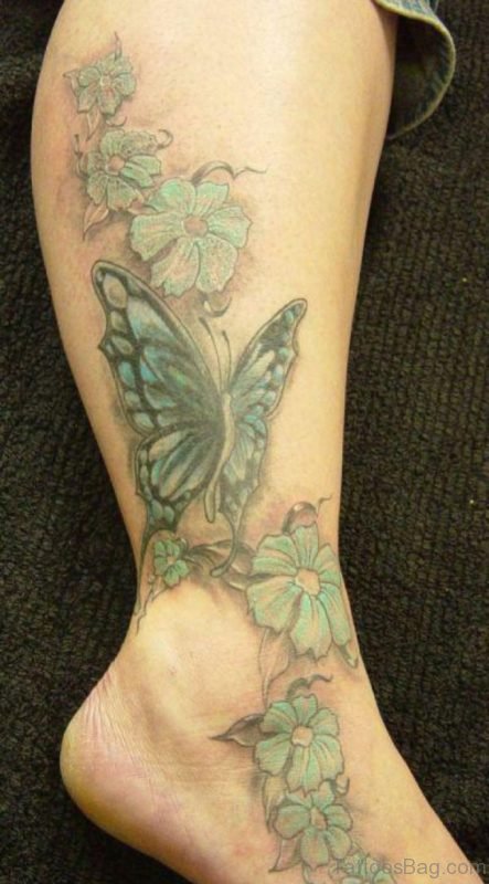 Flowers And Butterfly Tattoo On Ankle