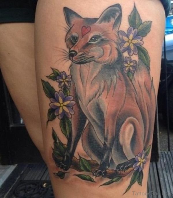 Flowers And Fox Tattoo On Left Thigh