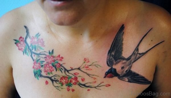 Flowers And Swallow Tattoo