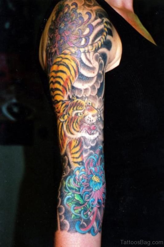 Flowers And Tiger Tattoo