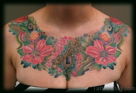 Flowers and Padlock Chest Tattoo