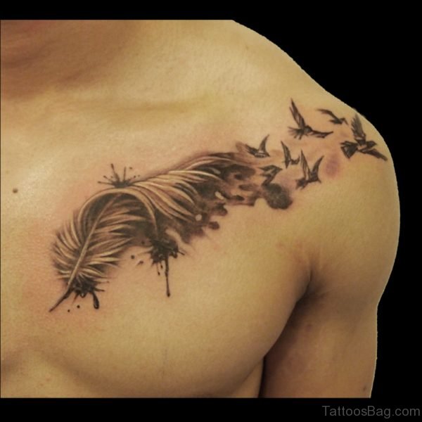 Flying Birds And Feather Tattoo