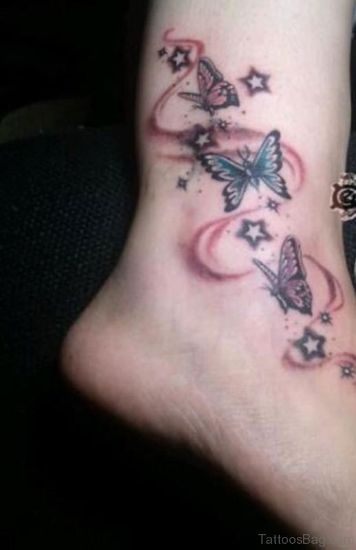 Flying Butterflies With Stars Tattoo On Ankle