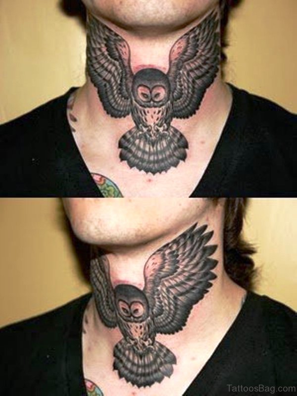 Flying Owl Tattoo On Neck