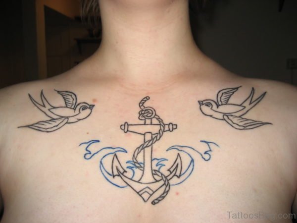 Flyingbirds and Anchor Tattoo On Girl Chest