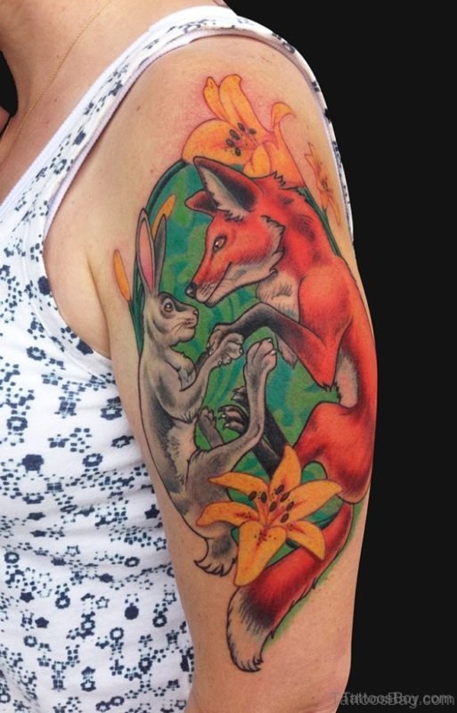 Fox And Rabbit Tattoo On Shoulder