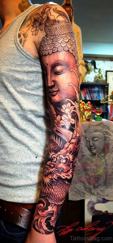 Full Sleeve Buddha Tattoo With Dragon