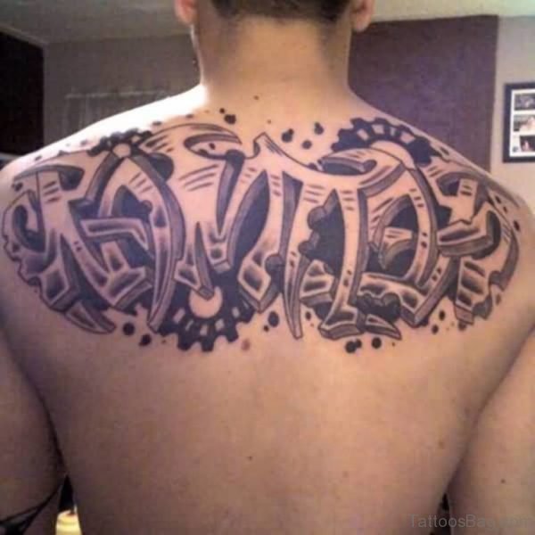 Funky Ambigram Text Tattoo For Men Upper Back