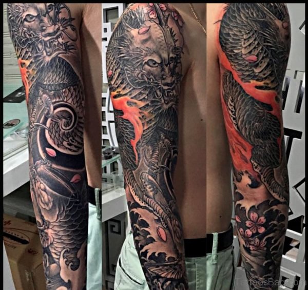 Funky Dragon Tattoo On Full Sleeve