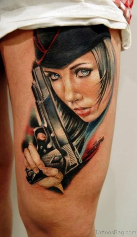 Funky Portrait Tattoo For Thigh