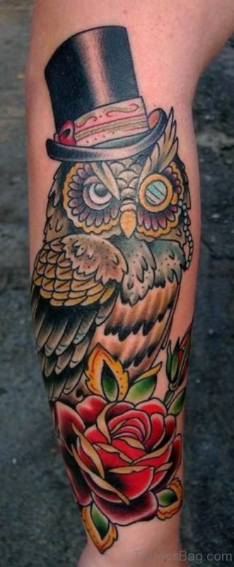 Funny Owl And Rose Tattoo