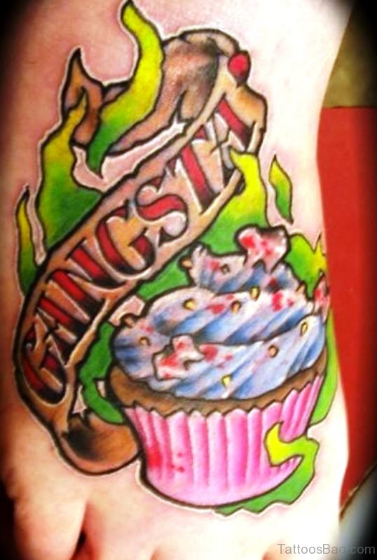 Gangster Cupcake Tattoo On Foot