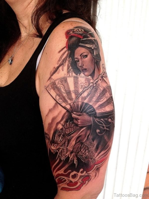 Geisha Girl And Flowers Tattoo On Shoulder
