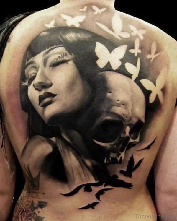 Geisha Girl And Skull 3D Tattoo On Back