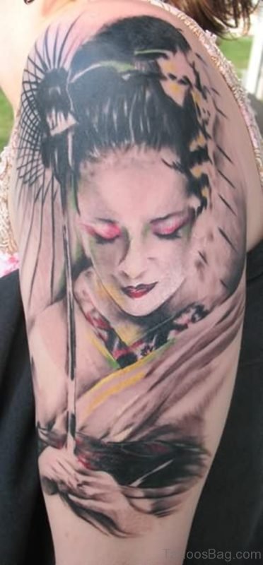 Geisha Shoulder Face Tattoo
