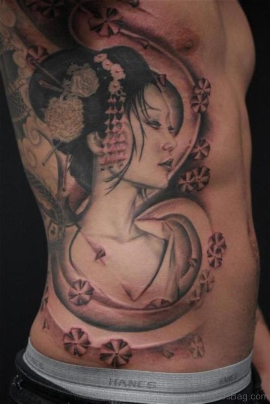Geisha Tattoo Design On Side Rib For Men