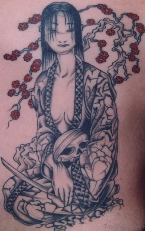 Geisha Tattoo On Back Of Girl