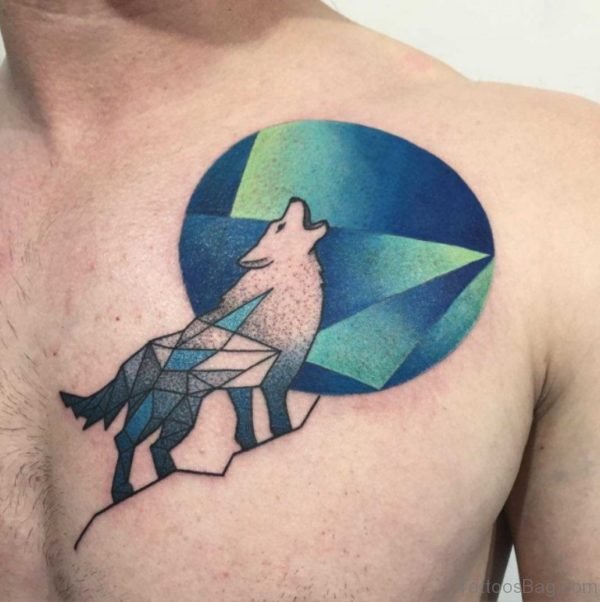 Geometric Howling Wolf Tattoo on Chest