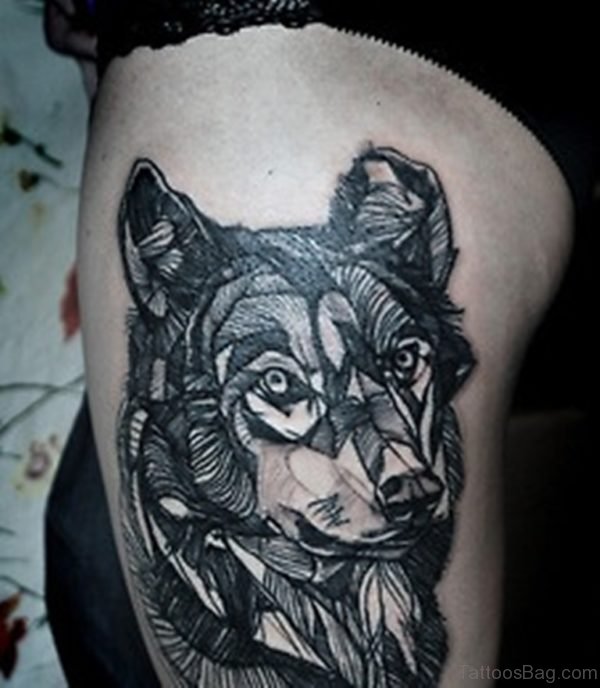 Geometric Wolf Tattoo On Thigh