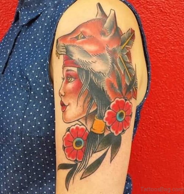 Girl And Fox Face Tattoo