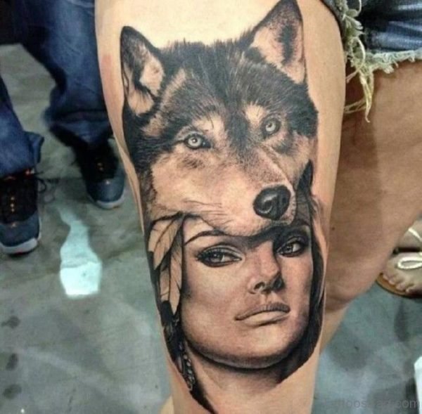 Girl Face And Wolf Tattoo