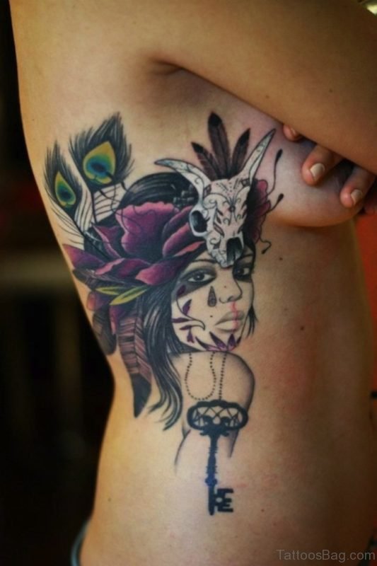 Girl Portrait Tattoo On Rib Image