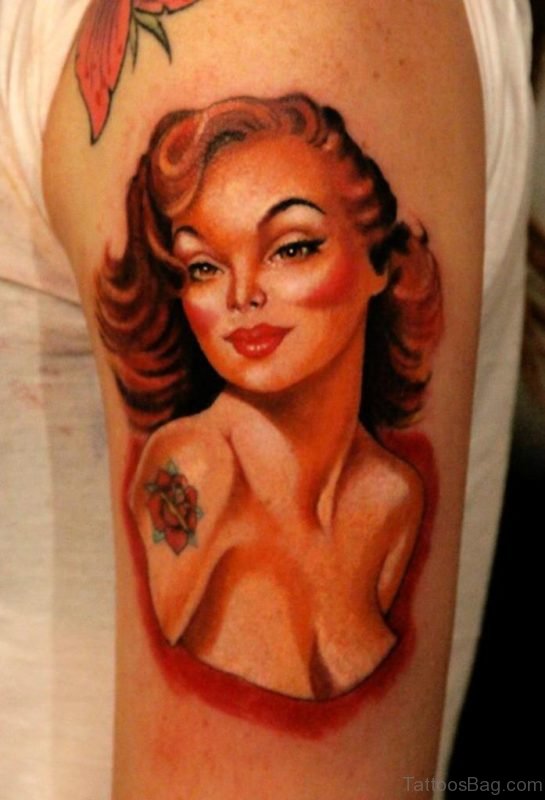 Gorgeous Female Portrait Tattoo On Bicep 