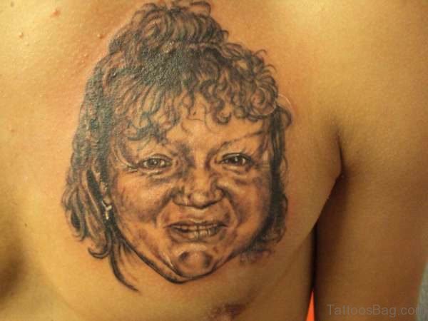 Grandmother Portrait Tattoo On Chest