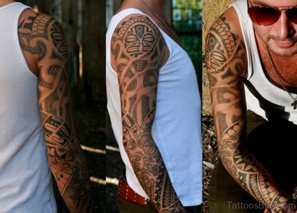 Great Maori Tribal Tattoo For Full Sleeve