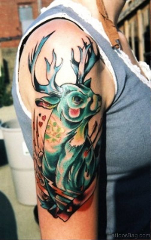 Green Buck Tattoo On Shoulder