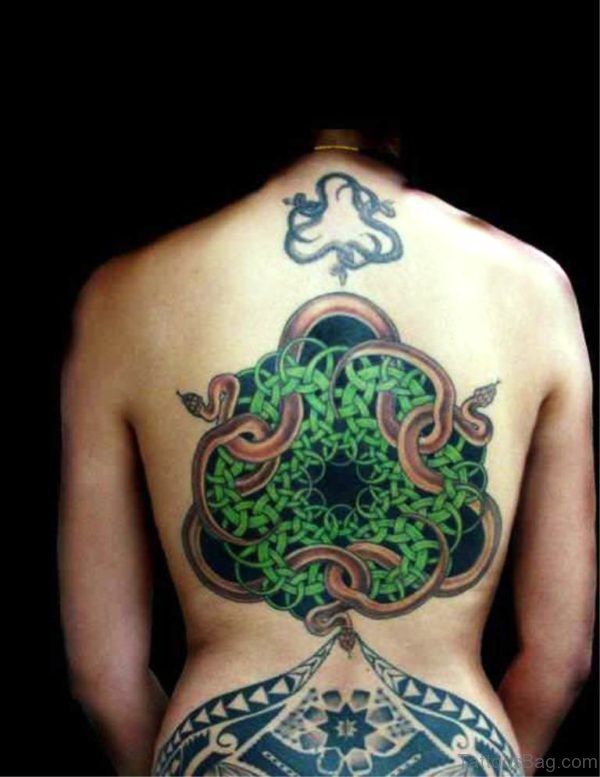 Green Celtic Escher With Snakes Tattoo On Back