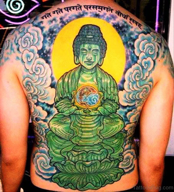 Green Color Buddha Tattoo On Back