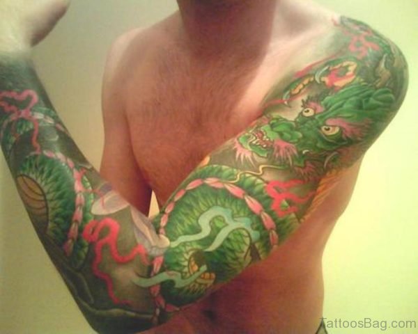 Green Dragon Tattoo On Full Sleeve