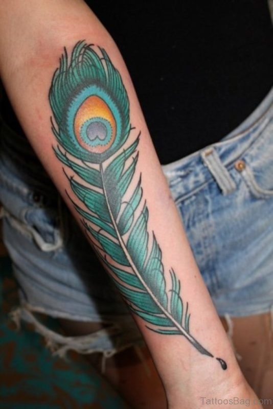 Green Peacock Feather Wrist Tattoo