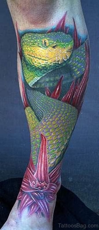 Green Snake Tattoo For Leg