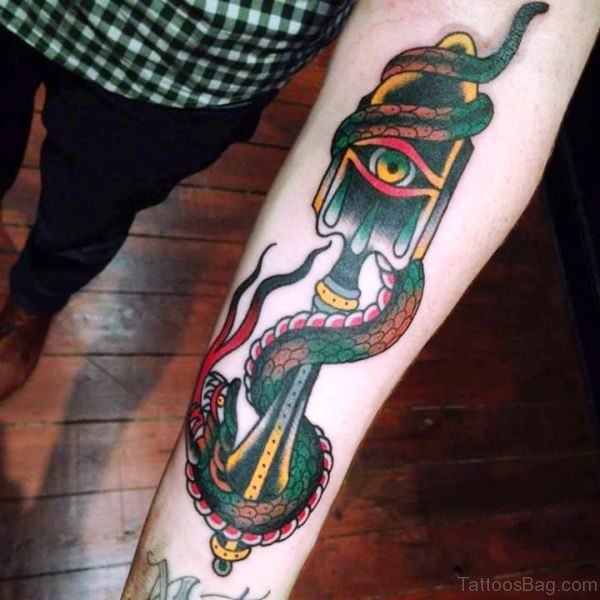 Green Snake With Dagger Eye On Arm