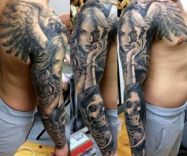 Grey Angel And Skull Tattoo