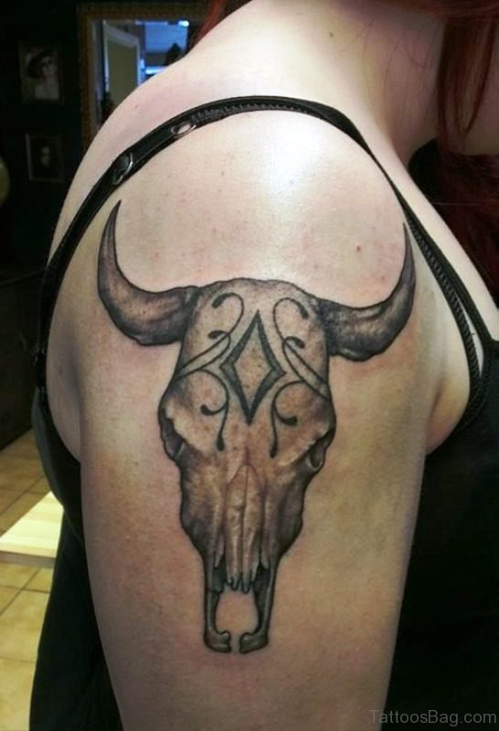 Grey Bull Skull Tattoo On Shoulder