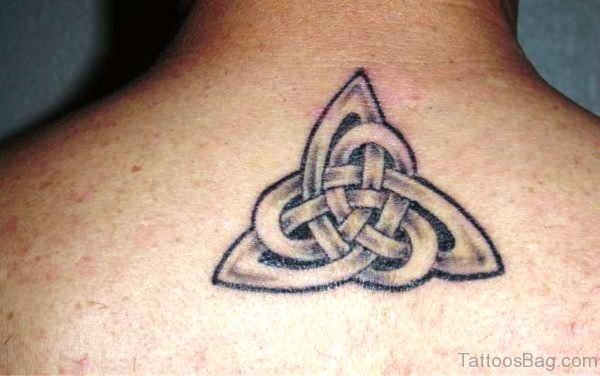 Grey Celtic Endless Knot Tattoo On Upper Back