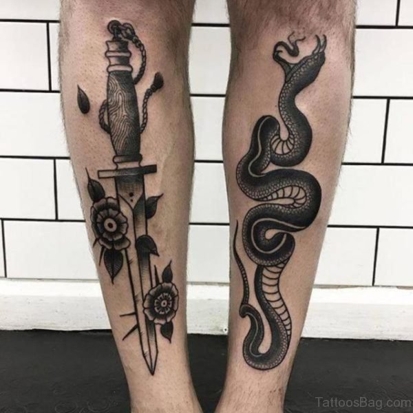 Grey Dagger And Snake Tattoo