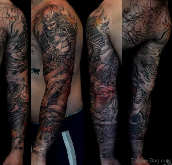 Grey Dragon Samurai Tattoo On Full Sleeve